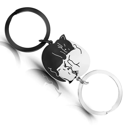 Couples Yin Yang Black/White Cat Stainless Steel Matching Keychain, Couples and Valentine Theme